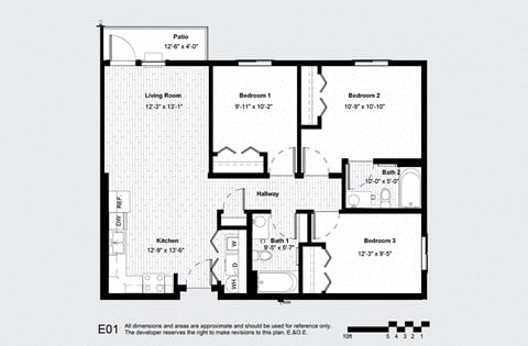 Floor plan for 3 beds, 2 baths, 1047 sqft